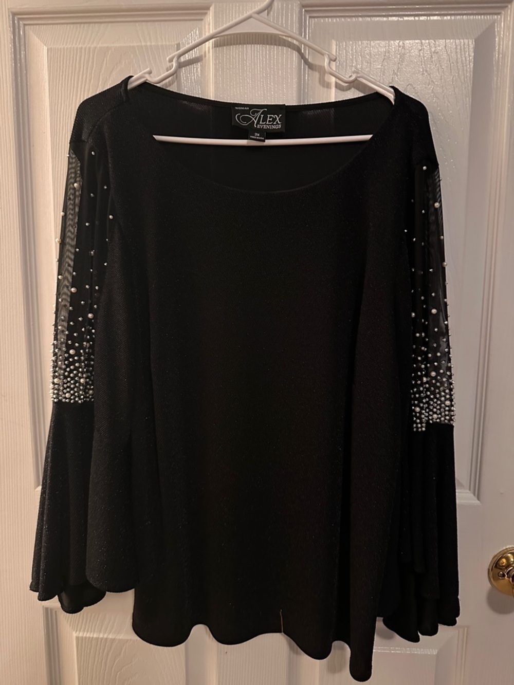 Alex Evenings Black Embellished Mesh-Sleeve Tunic Top